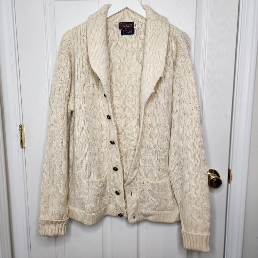 Mens JC Penney 100% Worsted Wool Button Cardigan Sweater Oatmeal Cream XL Tall - Picture 9 of 9